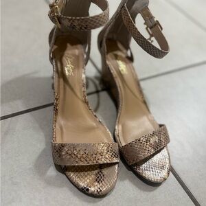 Thalia Sodi Snake-Print Ankle Strap Heels in Taupe